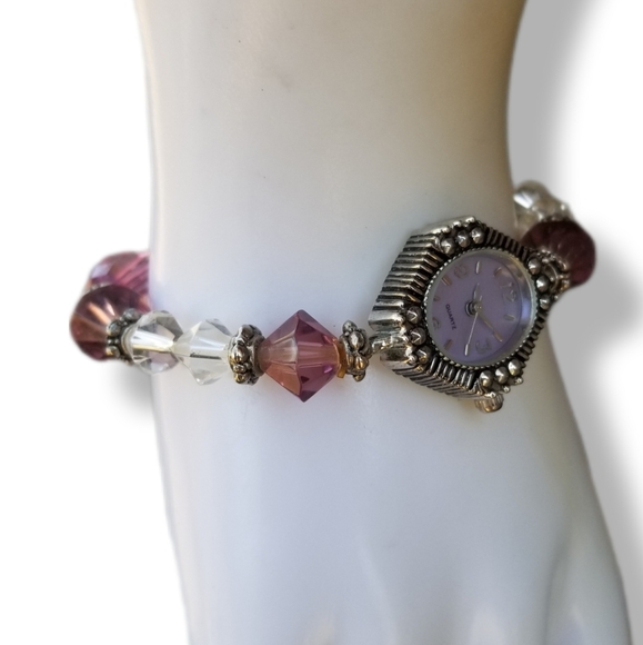 VINTAGE SILVERTONED & PURPLE /WHITE CRYSTAL BEADED LADIES WATCH - Picture 2 of 7